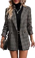Mina Self Women's 2026 Spring Plaid Houndstooth Blazer Jacket - Fully Lined Double-Breasted with Pockets, Tailored Office Casual Fit