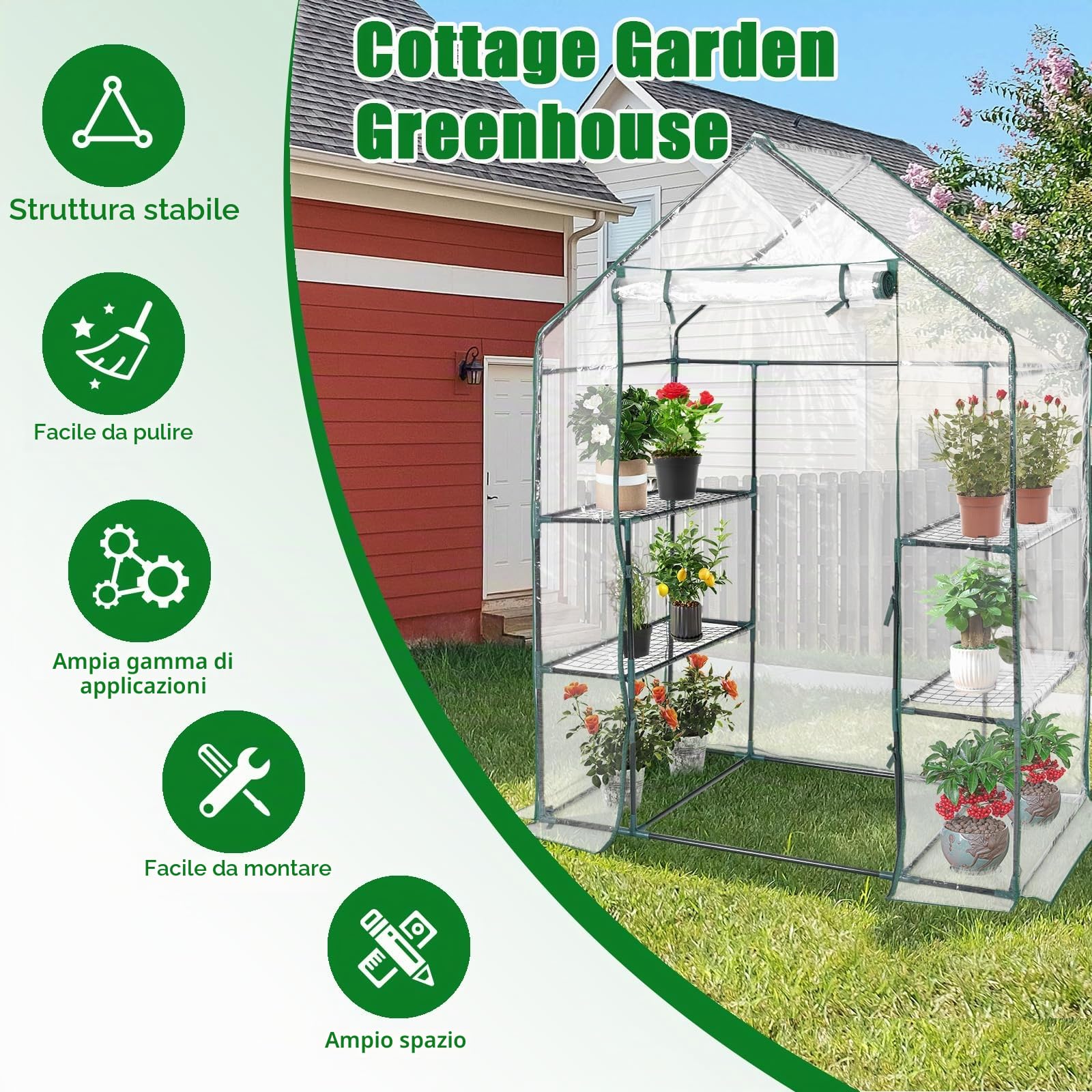 HOMASIS Serra da Giardino con Supporto per Piante, Serra per Piante Invernale, Miniserra da Balcone con Copertura in PVC e Porta Avvolgibile, 143 x 73 x 195 cm (Verde)