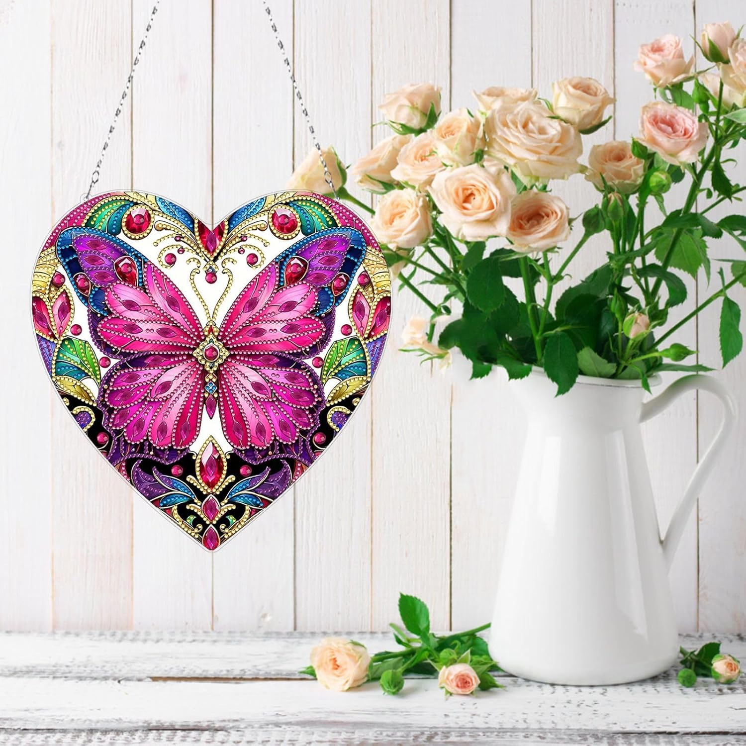 DIY Diamond Pendant Painting Wind Chime, DIY Heart Diamond Art Kits, Home Decoration Wind Chime Pendant for Indoor Outdoor (Double-Sided Pattern Single-Sided Diamond)-#07-2PC