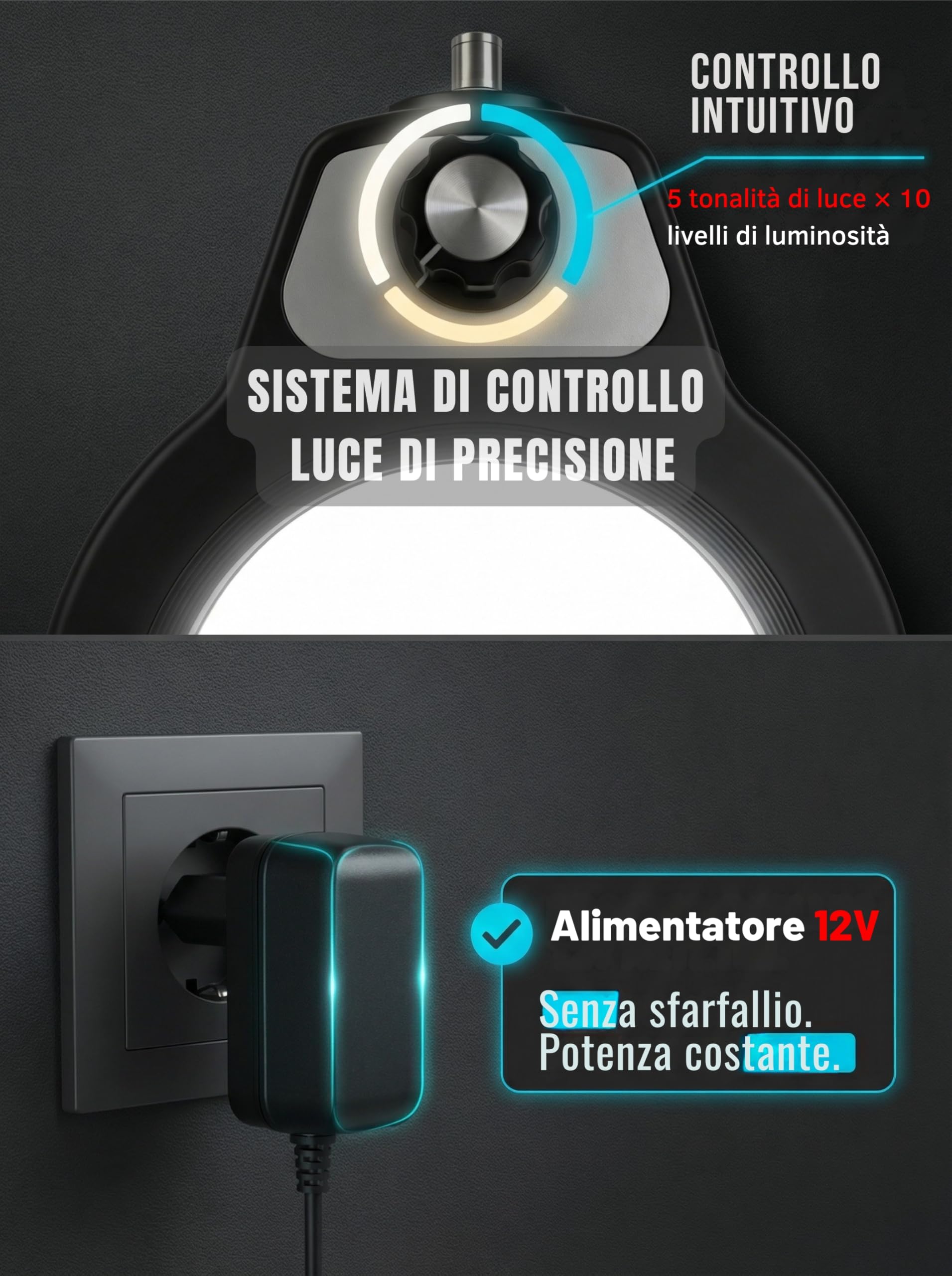 Lampada Lente d'Ingrandimento con Morsetto, Grande Lente 5D | Vetro 12,5 cm, 100 LED, 5 Colori, Manopola Sulla Testa, Braccio 1 M, Alimentatore 12V, Morsetto 6,4 cm, Precisione