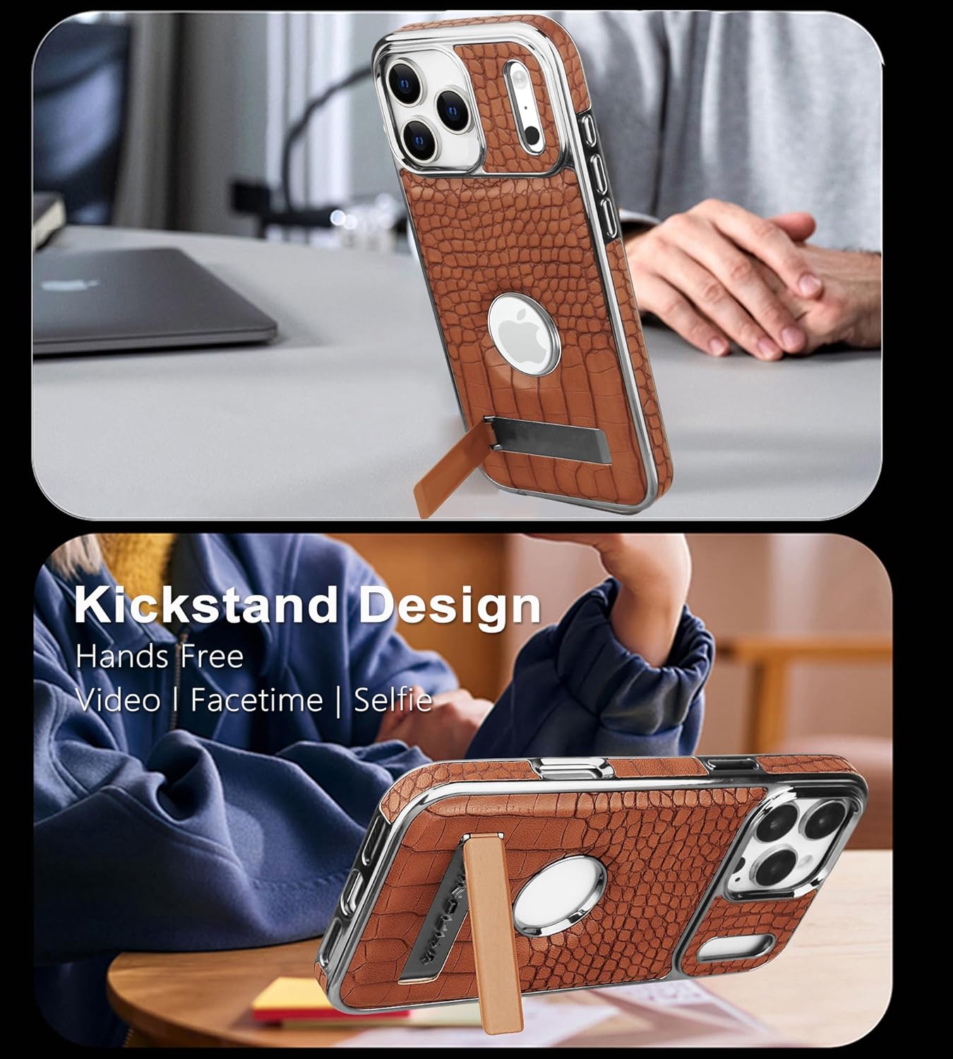 Leather Case for iPhone 17 Pro Max, Luxury Crocodile Pattern PU Leather with Kickstand, Luxury Electroplated Edge Frame Slim Shockproof Stand Protective Cover for iPhone 17 Pro Max(Brown) - Image 4