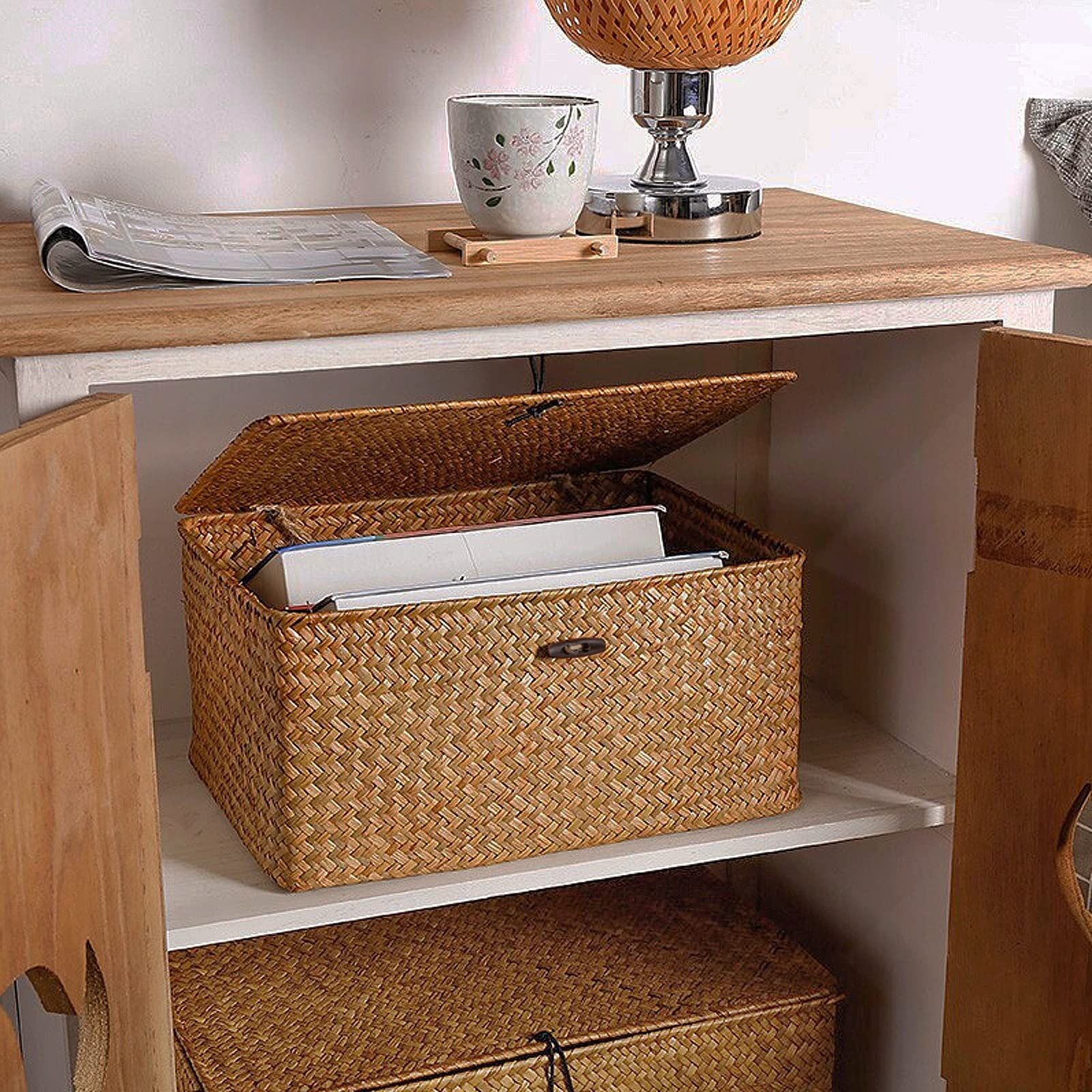Cesto portaoggetti in rattan intrecciato, cestino in rattan con coperchio, contenitore con coperchio, ideale per bagno, soggiorno, cucina