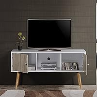 Vista 3 de Hodedah Soporte de TV de estilo retro con dos puertas de almacenamiento y patas de madera maciza, color blanco