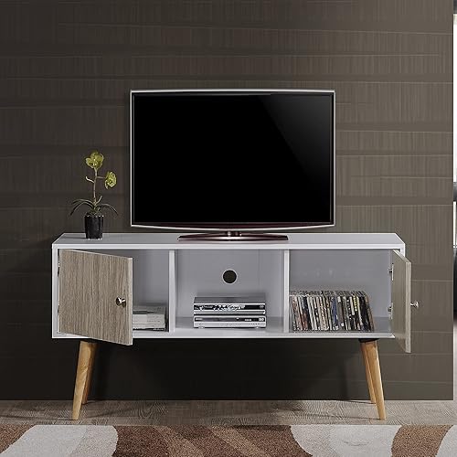 Miniatura 3 de Hodedah Soporte de TV de estilo retro con dos puertas de almacenamiento y patas de madera maciza, color blanco