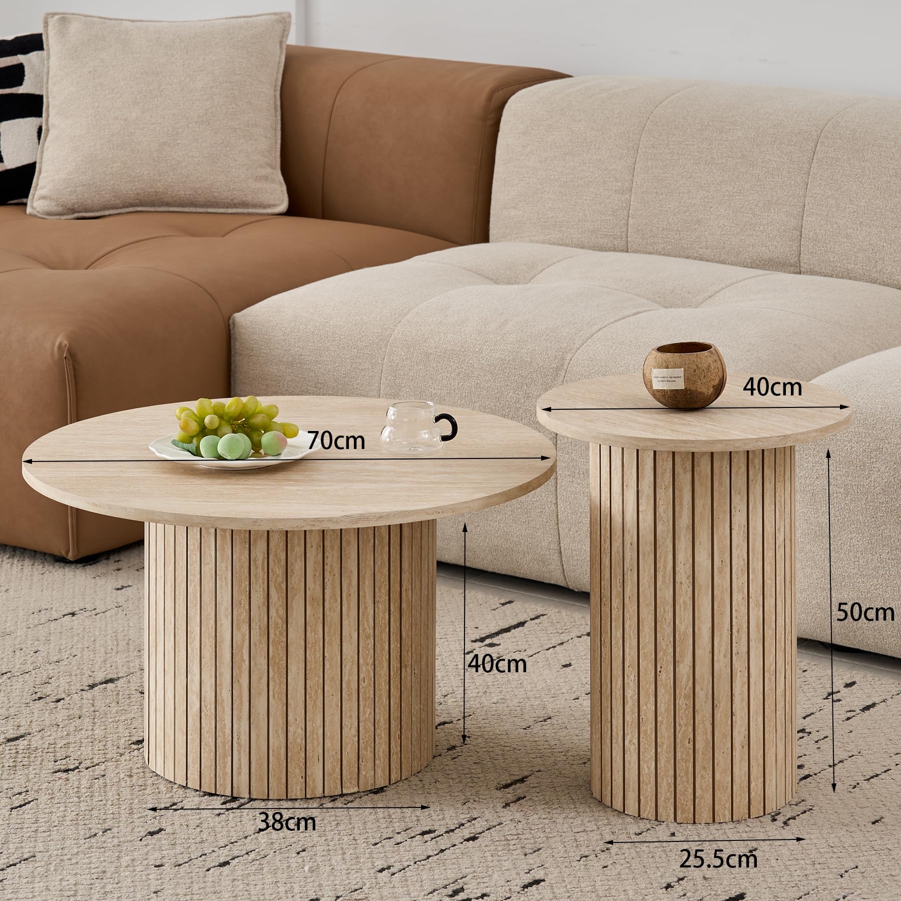 Set di 2 Tavolini da Caffè Rotondi Moderni, Supporto per Base a Colonna Romana, Tavolino da Divano Rotondo in Stile Fattoria, Adatto per Soggiorno, Ufficio - Rivestimento in travertino giallo