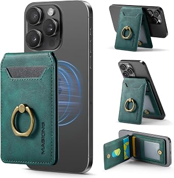 Compatible with Magsafe Wallet, Strong Magnetic,Vegan Leather,for iPhone Wallet Stand with 5 Card Slots, Ring, RFID Blocking, Compatible with iPhone 16/15/14/13/12 Pro Max Plus Series Green