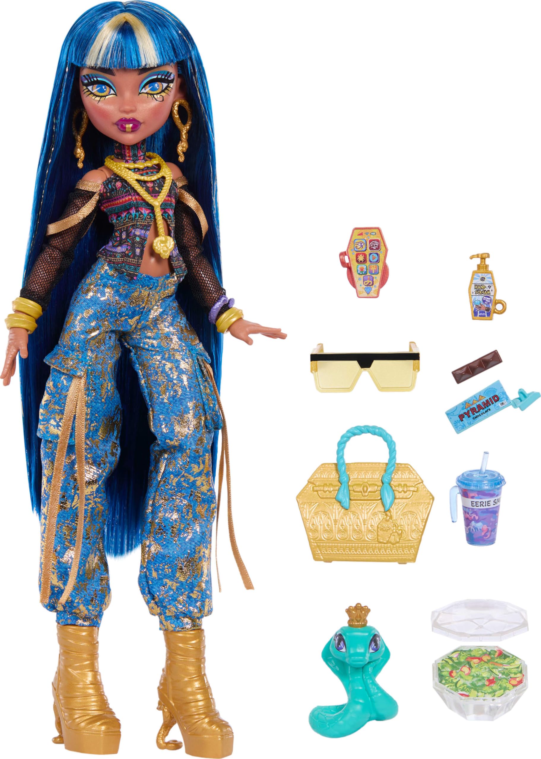 Monster High - Cleo De Nile, bambola con top a fiori e pantaloni cargo in denim dorato, con serpente Hissettee e 7 accessori inclusi tra cui insalata, frullato e borsetta, 4+ anni, JHK32