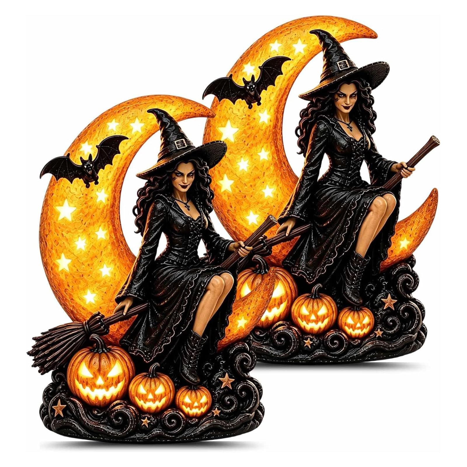 HOUKUNKA Lighted Witch on Crescent Moon with Pumpkins LED Halloween Tabletop Lamp (2PCS)