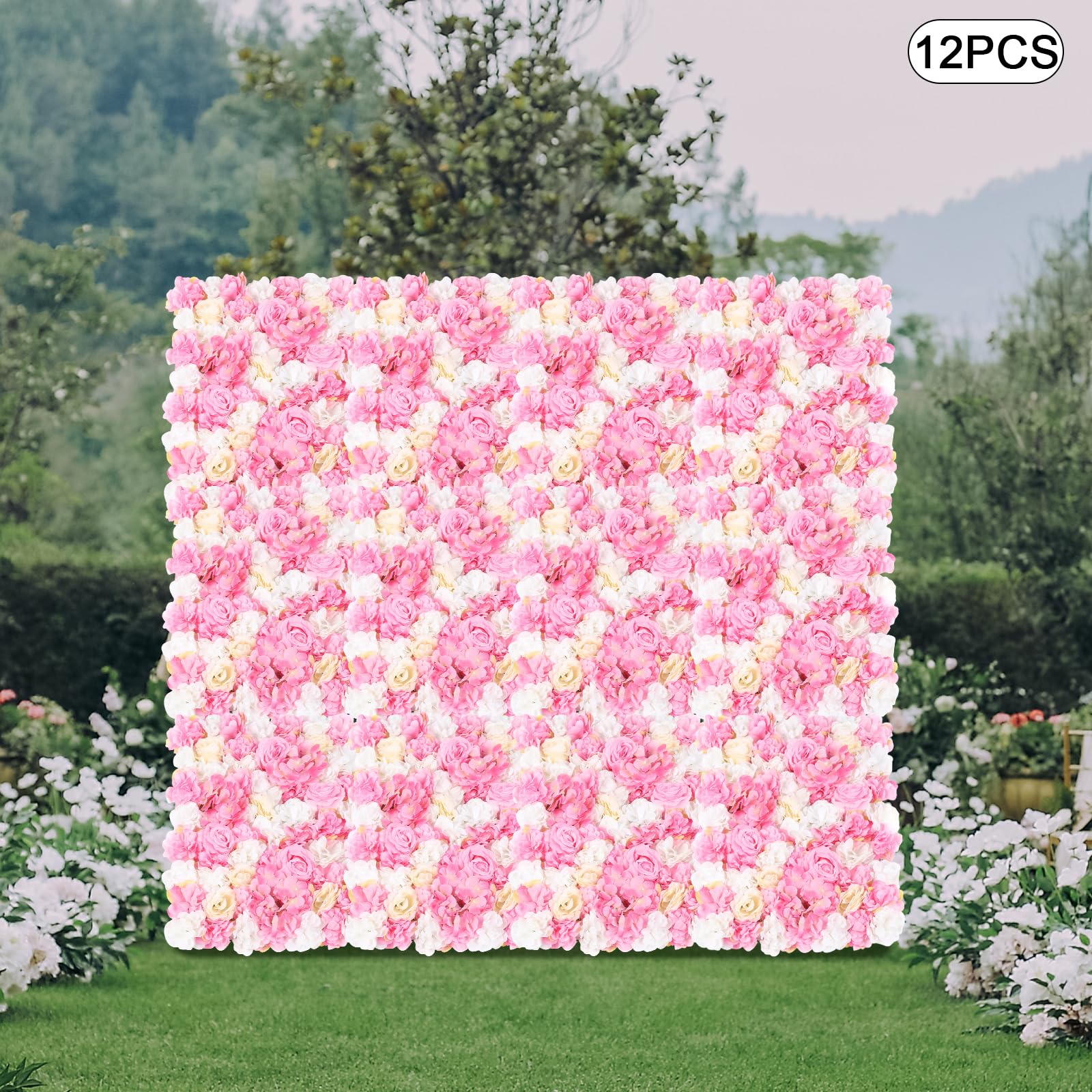 12 Stück Rosa Künstliche Blumen-Wandpaneel, 60 x 40CM Seide Rose Wanddekoration Blumenhintergrund Kunstblumen Deko Rosenwand Dahlienrose für Weddind Bühne Party Foto Hintergrund Heimdekoration