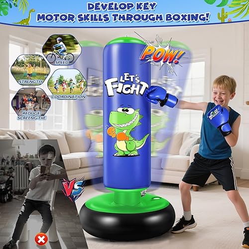 Miniatura 3 de Saco de boxeo inflable, saco de boxeo de 48 pulgadas para niños con guantes de boxeo, juego de boxeo estable para karate, taekwondo, juguete de