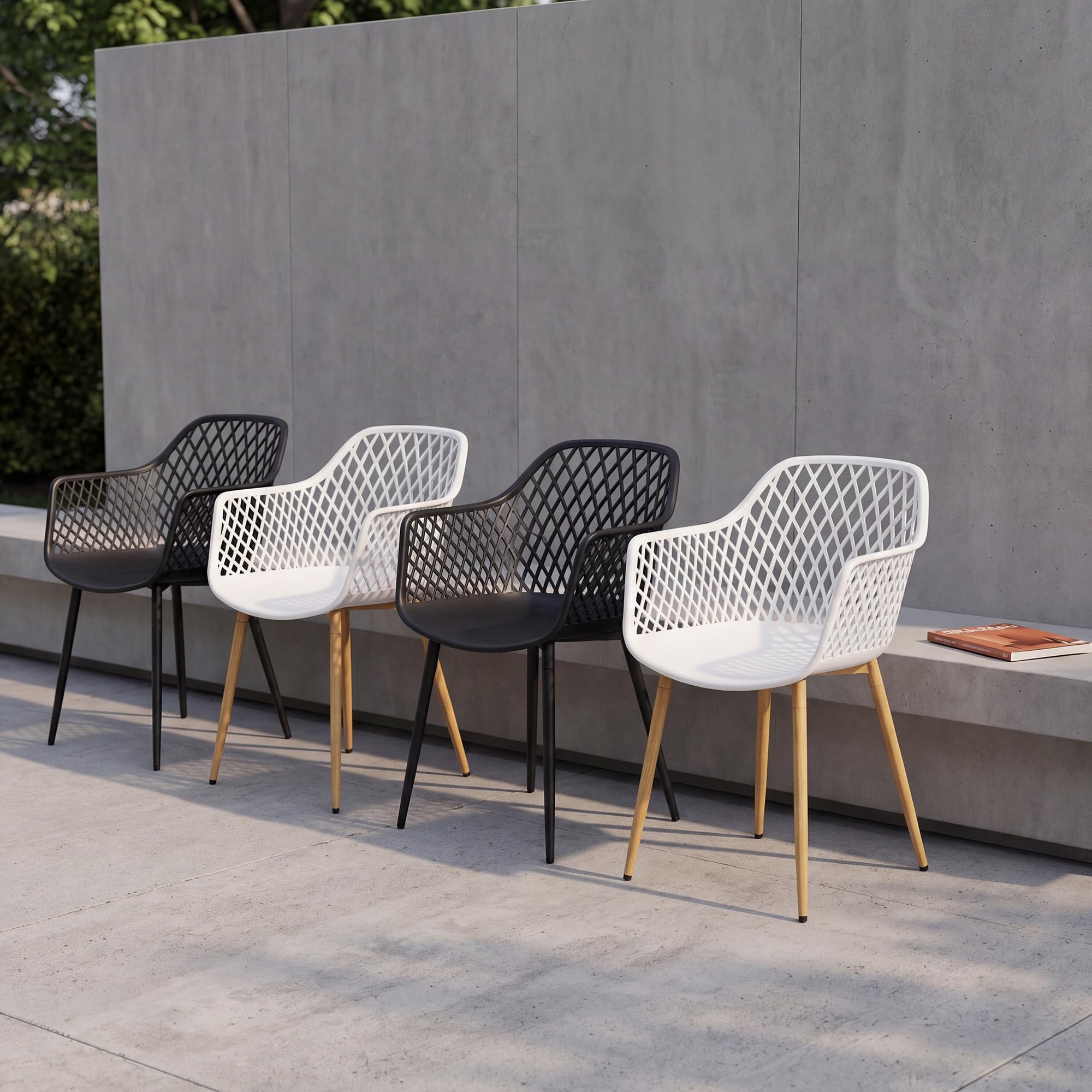 Juego de 6 sillas de Comedor con Respaldo geométrico Moderno de plástico para Patio con Patas de Metal, Silla de jardín al Aire Libre, Silla de Comedor con Brazos para balcón, Color Negro