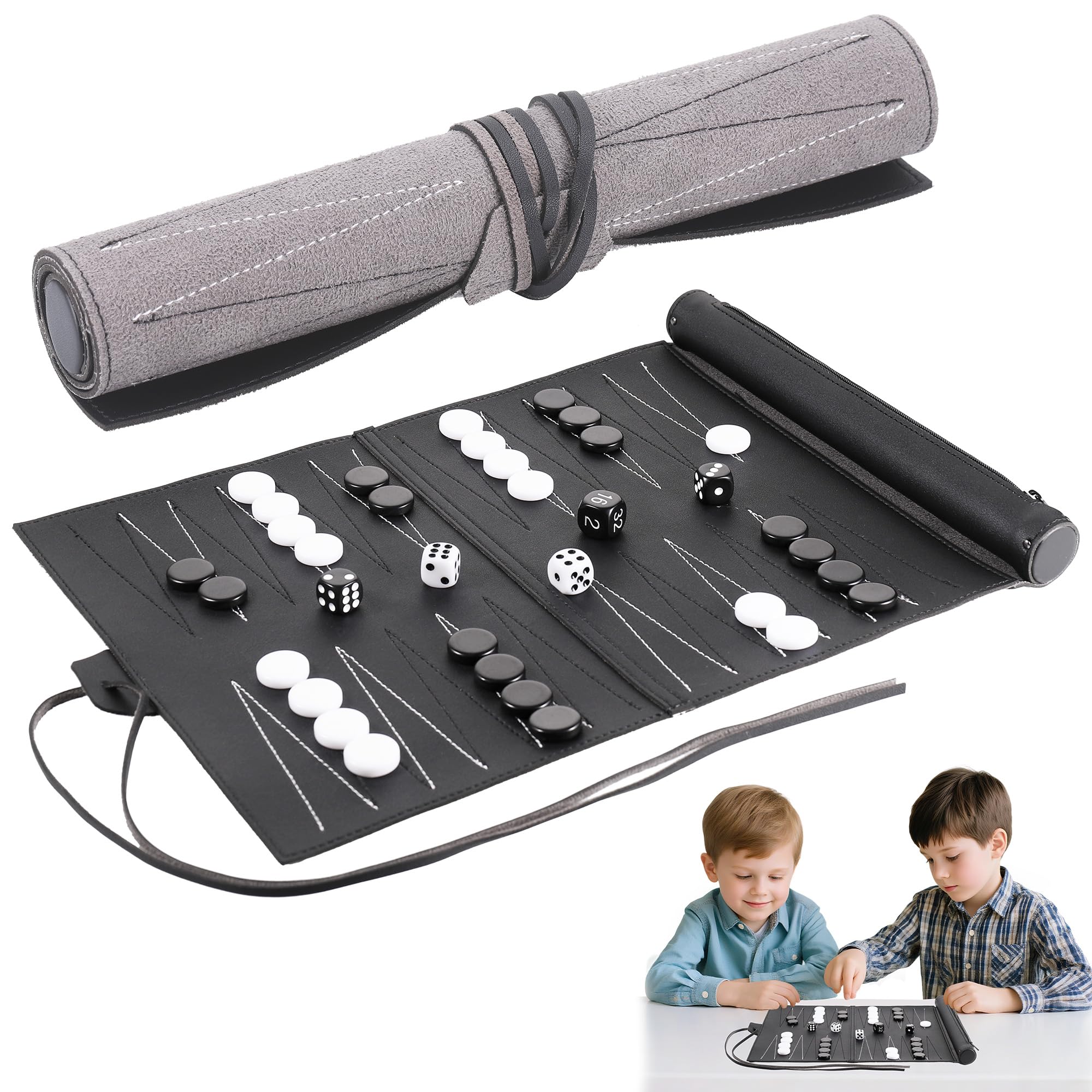 Backgammon Travel Backgammon skórzana gra zwijana, Bagamon dla 2 graczy, gry podróżne dla dorosłych dla obozowiczów W × D: 36 x 25,5 cm