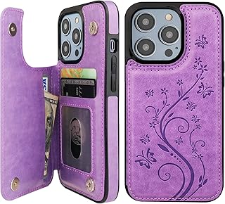 Vaburs Compatible with iPhone 14 Pro Case Wallet with Card Holder,Embossed Butterfly Pattern PU Leather Double Buttons Flip Protective Shockproof Cover for Magnetic Car Mount 6.1 Inch (Purple)