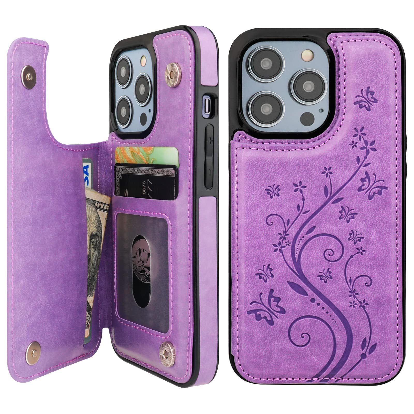 VabursCompatible with iPhone 14 Pro Case Wallet with Card Holder,Embossed Butterfly Pattern PU Leather Double Buttons Flip Protective Shockproof Cover for Magnetic Car Mount 6.1 Inch (Purple)