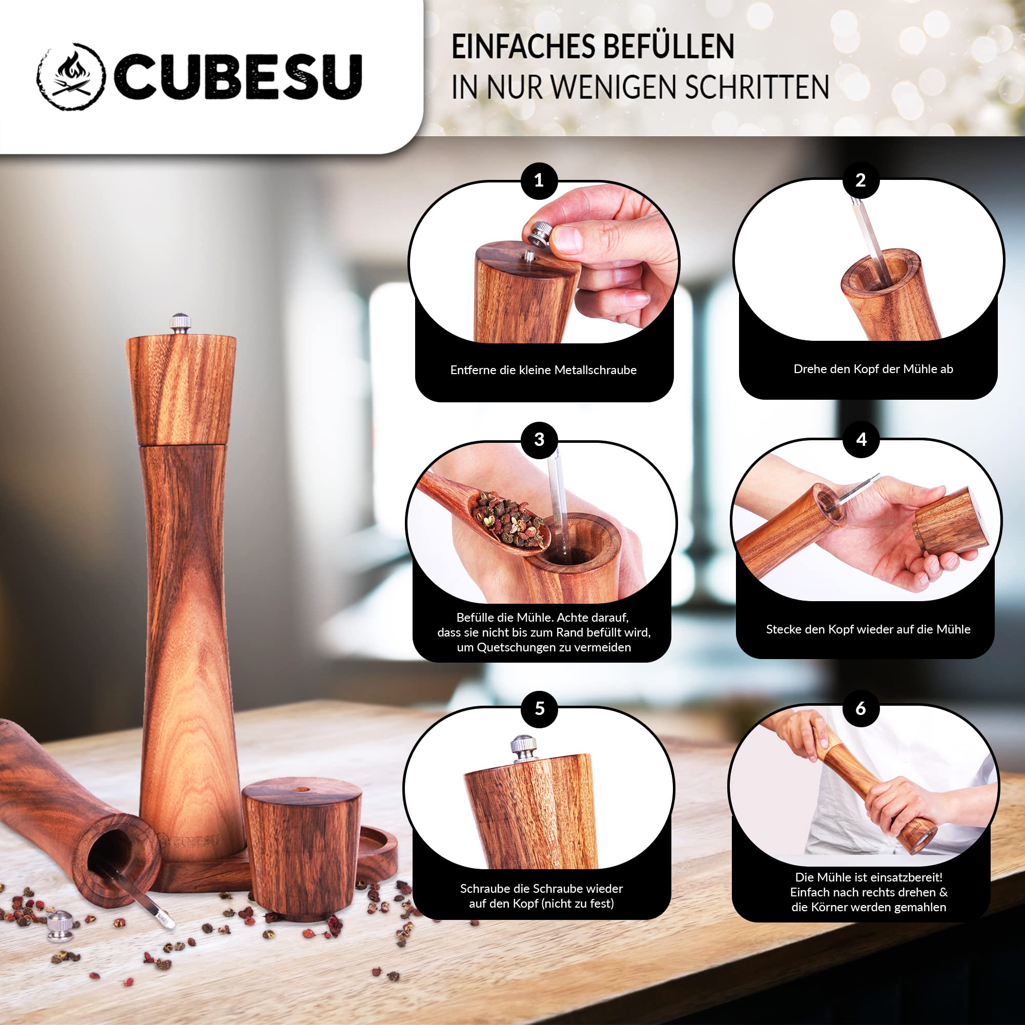 Handkurbel Salz- Und Pfeffermühle Aus Akazienholz – 15 Cm, Verstellbarer Keramikmahlwerk, Einfach Nachfüllbar