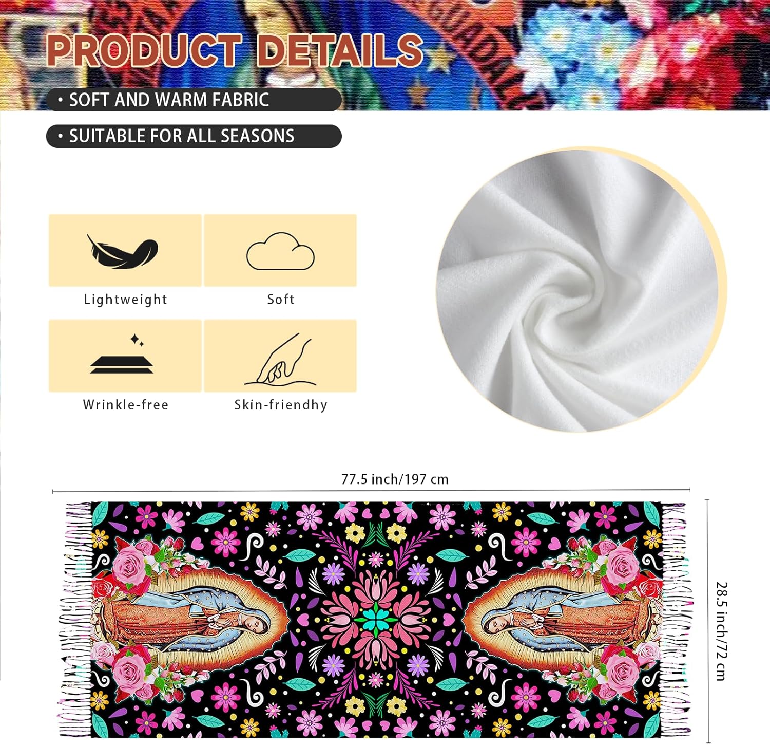 Virgen de Guadalupe Shawl Wraps, Virgin Mary Blanket Scarf with Rose, Soft Shawls Catholic Gifts for Woman Mother - Image 3
