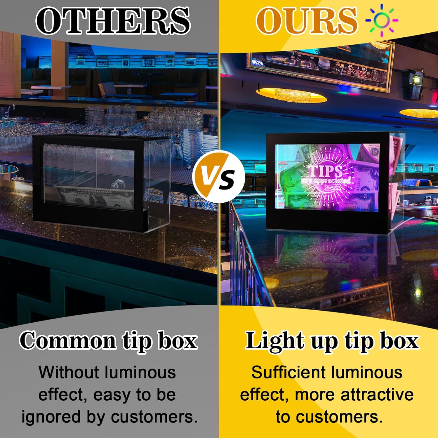Light Up Tip Jar for Money - Acrylic Donation Ballot Box for Bartender with 2 Sign Holders, Re-mote, LED Light, Lock- Suggestion Box Tip Box for Restaurants Musicians Voting Charity, USB Powered
