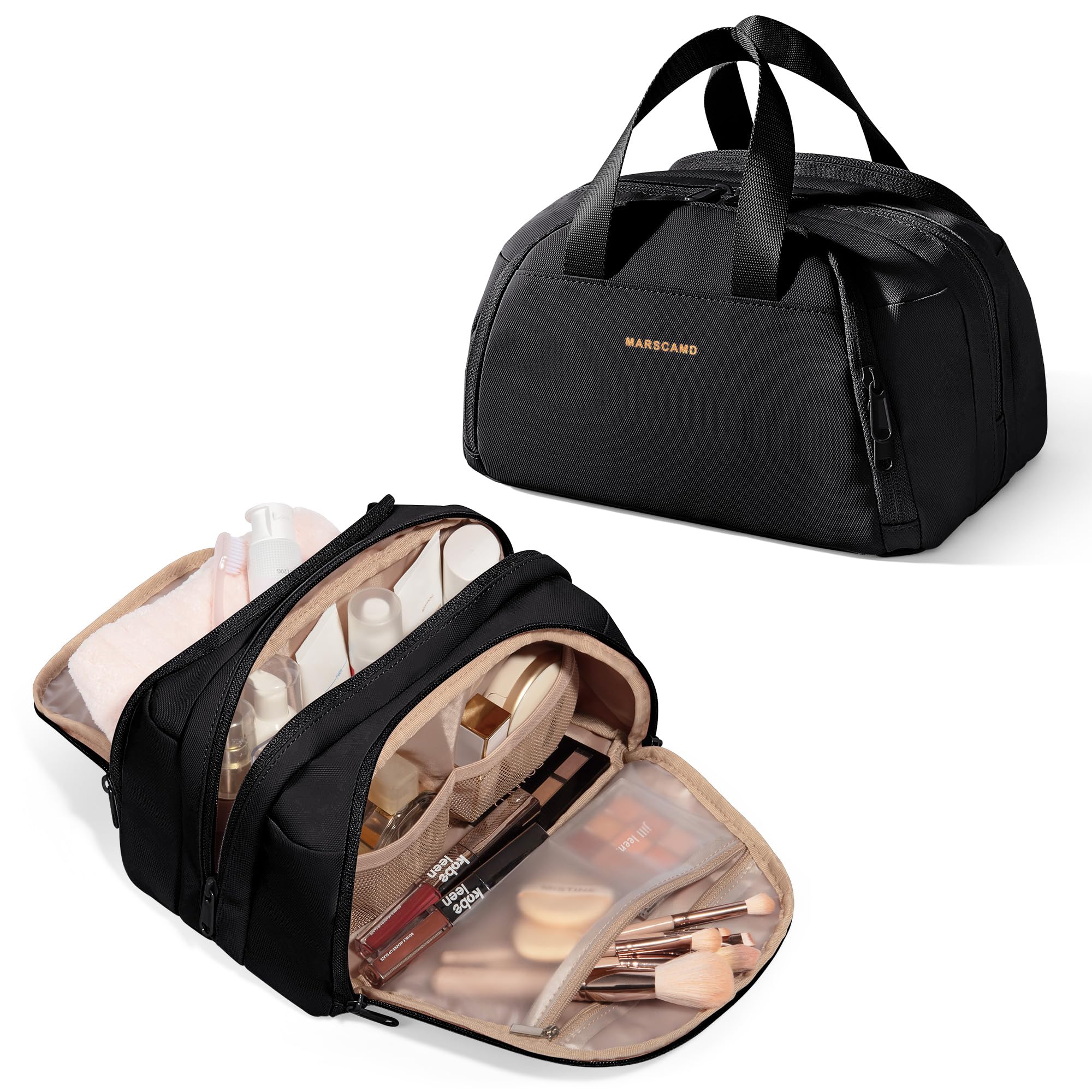 Marscamd Travel Makeup Bag for Women, Lay-Flat Toiletry Organizer, Black