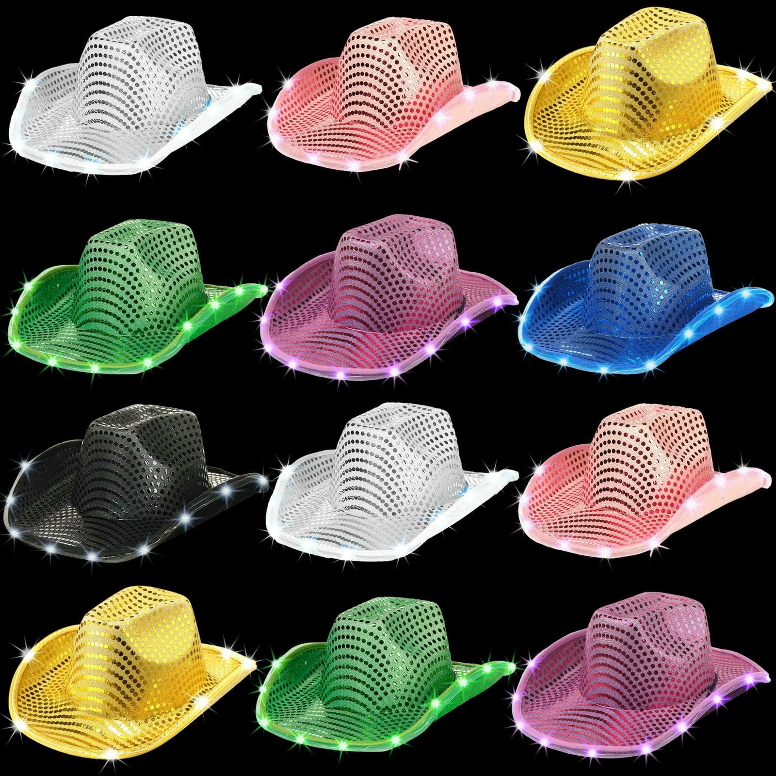 Cappello da Pescatore Berretto LED Illuminare Cowboy Donne Lampeggianti Paillette Matrimonio Bachelorette Festa A Massa Divertente Cappelli Unisex-Mix 7 Colori-8 Pezzi