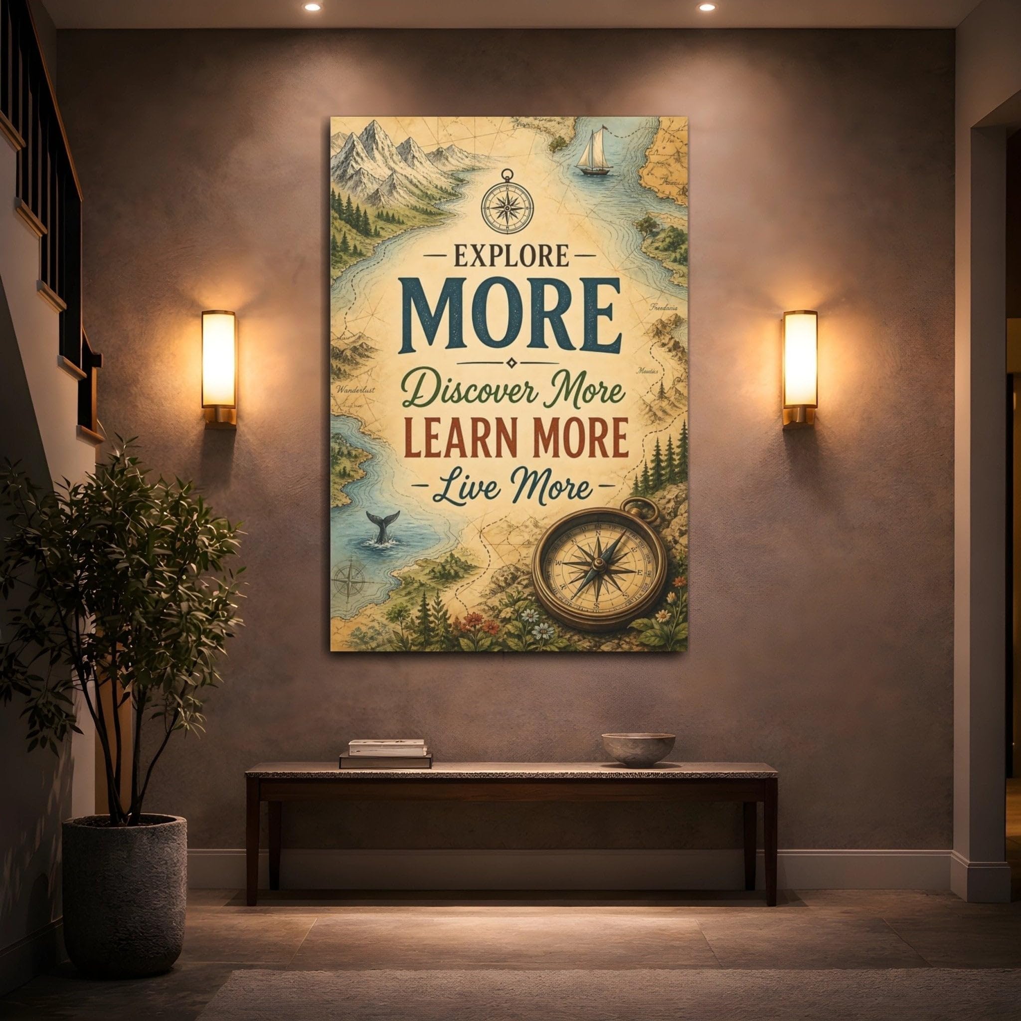 Maps Vintage Canvas Print – Living Room, Above Console Table 24×36 inch (60×90 cm) - Vertical / 1.25 inch (3 cm)
