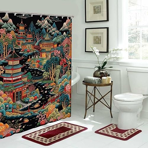 Miniatura 297 de Cortinas de ducha de baño con ganchos, 72 x 92 pulgadas, cortina de ducha de tela impermeable con diseño de flores y pájaros, cortina de ducha