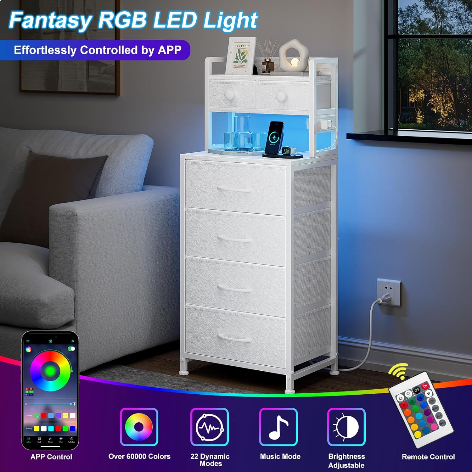 REAHOME 41 Inch Tall Nightstand with Charging Station, LED Night Stand with 6 Fabric Drawers, Bed Side Table with 3-Tier Wood Storage Shelves for Bedroom, Office, Small Spaces, White