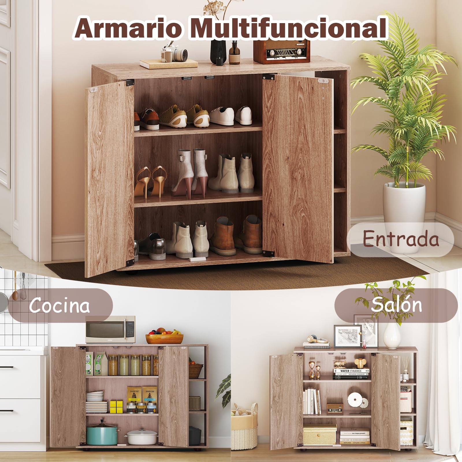 COSTWAY Zapatero Entrada Recibidor, 2 Puertas, Mueble Zapatero de 3 Niveles con Estantes Ajustables, Mueble Auxiliar Madera Entrada Pasillo Salon, 80 x 31 x 64,5 cm (Natural)