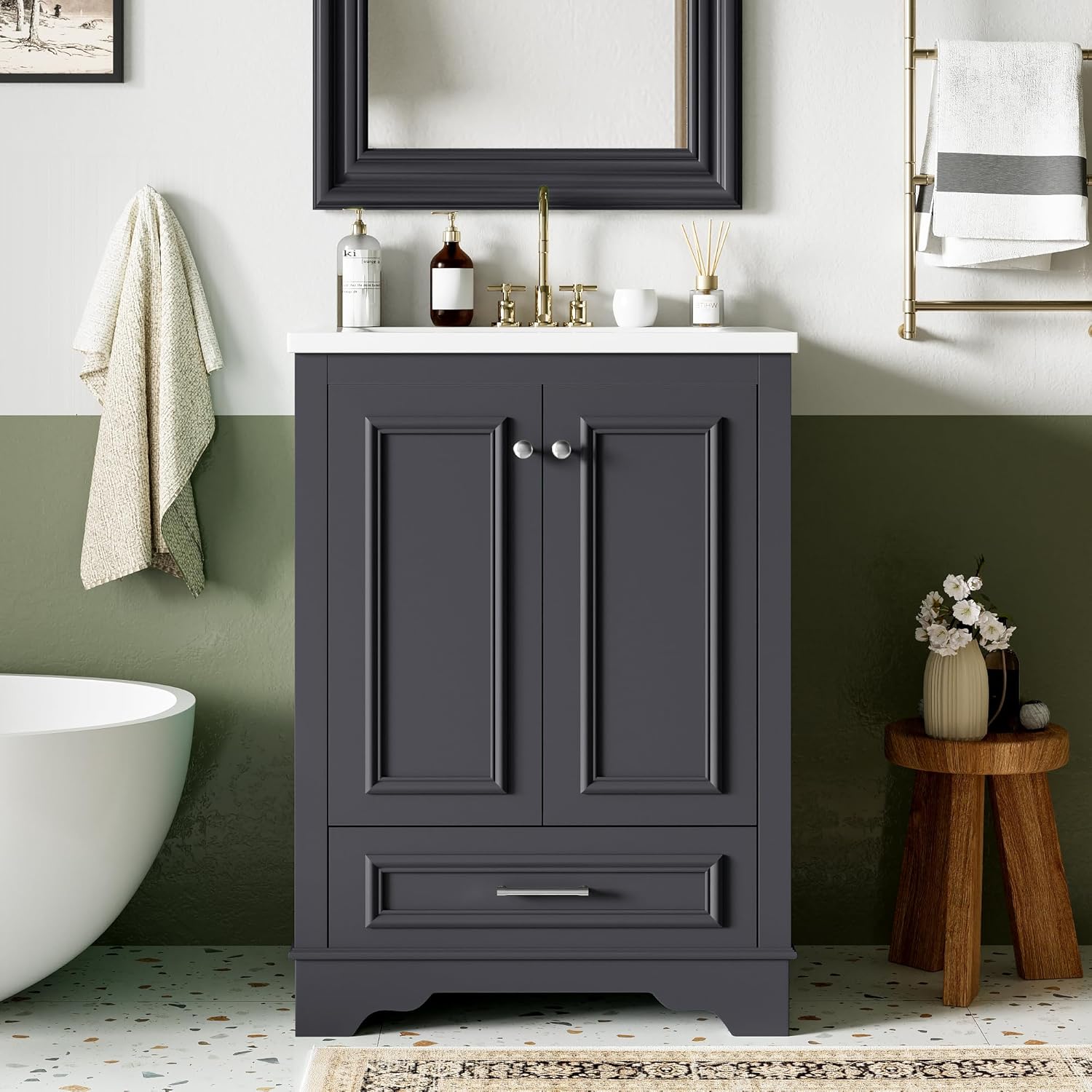 24" Soft Closing Doors Small Bathroom Vanity, Modern Bathroom Vanity with Adjustable Shelf, Bathroom Vanity with Ceramic Sink for Bathrooms, Blue Gray