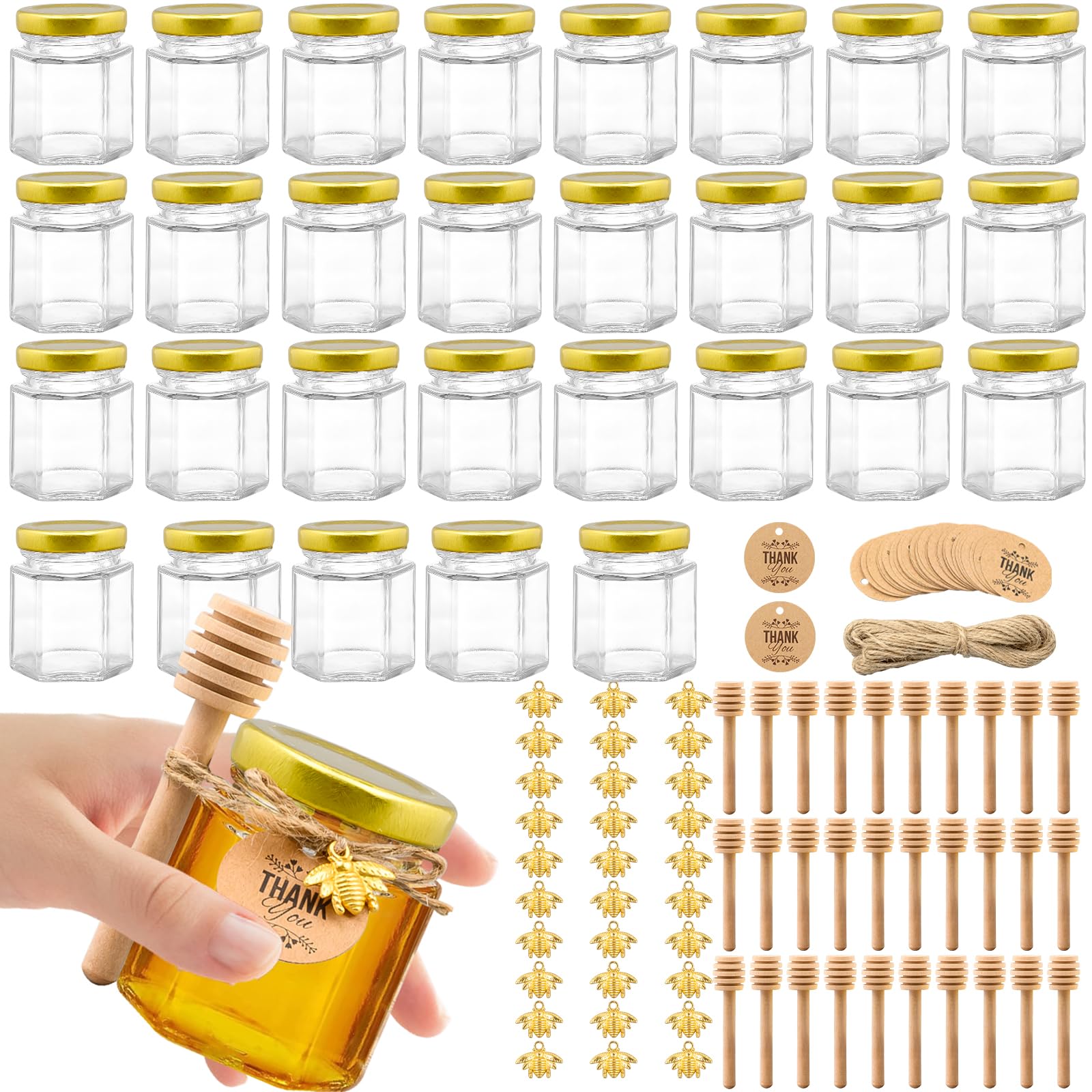 30 Stück Kleine Honiggläser 180ml, leer Marmeladengläser Mini Hexagon Glas, Mini Honiggläser Glashoniggläser leer Marmeladengläser mit Holzlöffeln für Baby Dusche, Hochzeit Gastgeschenk