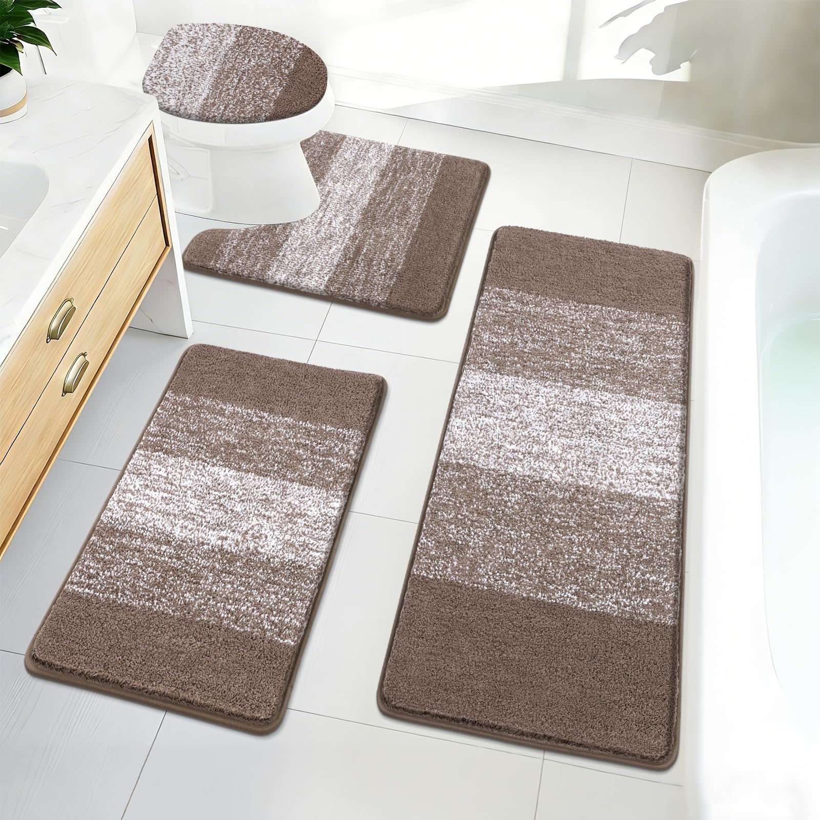 Bsmathom Set di 4 tappeti da bagno con copriwater, antiscivolo, assorbenti, in microfibra, lavabili in lavatrice, colore: caffè
