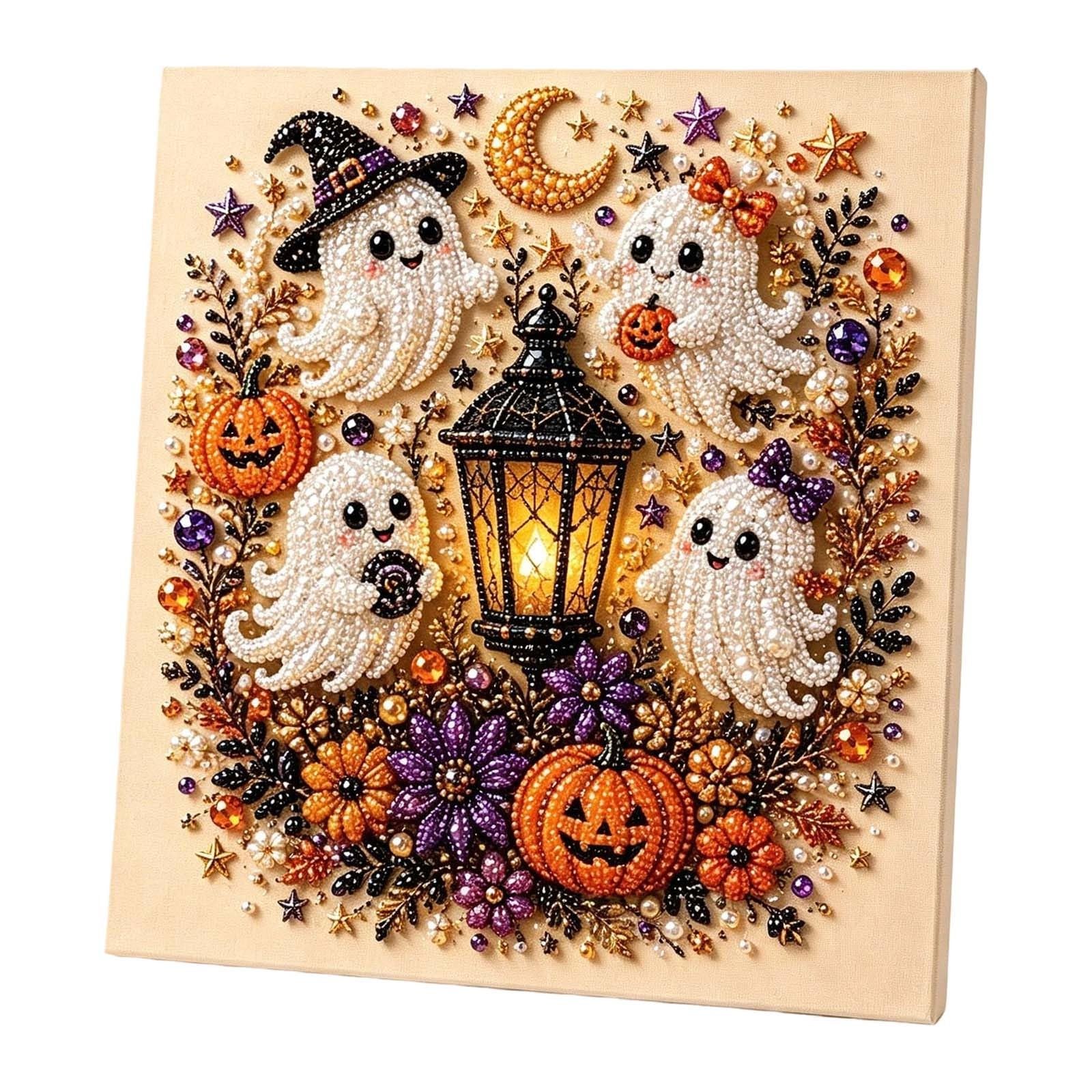 Halloween Diamond Art Kits Spooky Cute 3D Ghost Pearl Diamond Craft Kit for Adults DIY Canvas Wall Art Halloween Crafts