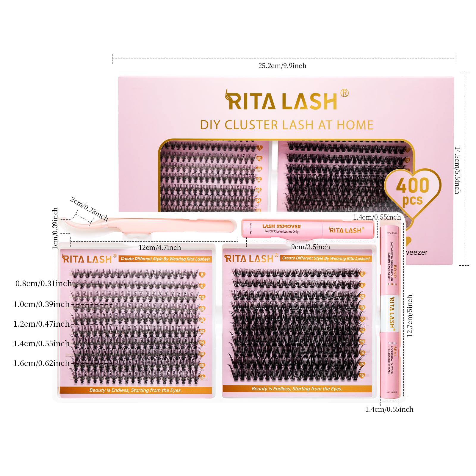 RITALASH Lash Extension Kit 400Pcs,DIY Individual Lashes Clusters Kit,Lash Bond And Seal,Lash Remover For Eyelashes Extensions (20D+40D Cluster Kit) - Image 2