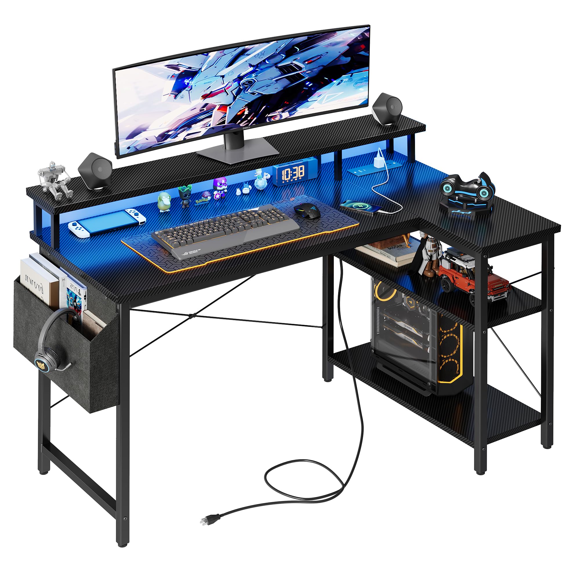 Grandder Scrivania ad Angolo Reversibile 120x70cm, Tavolino Computer a Forma L Ripiani Portaoggetti e Struttura in Acciaio, per Gaming, Computer, Ufficio, Studio e Casa, Nero