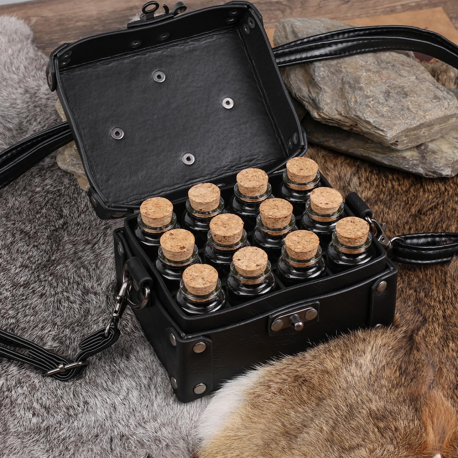 HiiFeuer Medieval Faux Leather Alchemy Box with 12 Cork Potion Vials, Fantasy Portable Crossbody Bag Jewelry Dnd Dice Holder (Black A) - Image 4