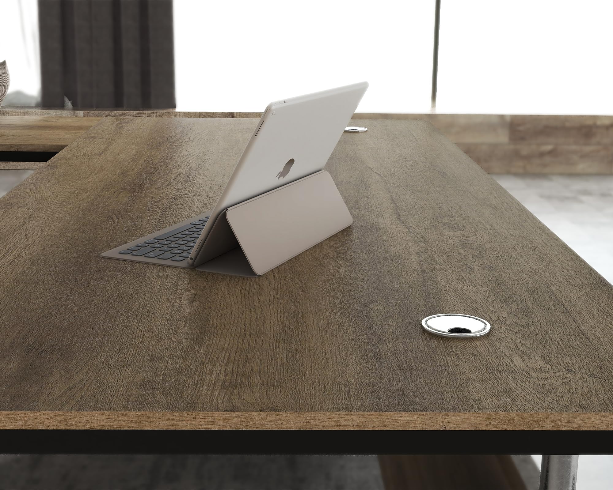 Scrivania da ufficio industriale moderna da 160 cm, con 3 cassetti, finitura in finto legno, gestione dei cavi integrata e presa di corrente, perfetta per casa, ufficio e uso aziendale