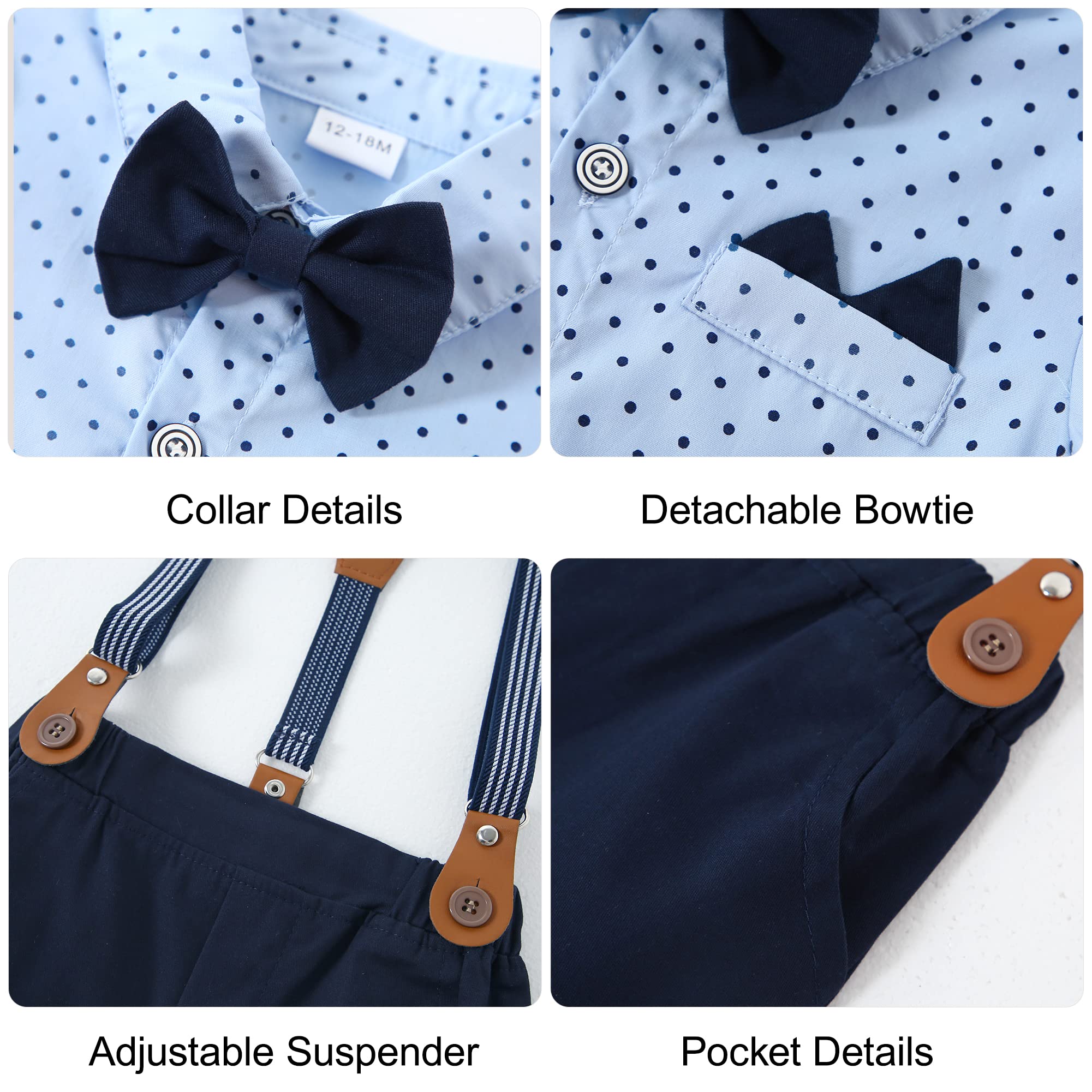 YALLET Trajes para niños pequeños de 1 a 5 años, trajes de caballero de manga corta con botones, camisas, pajarita + braguero, ropa formal