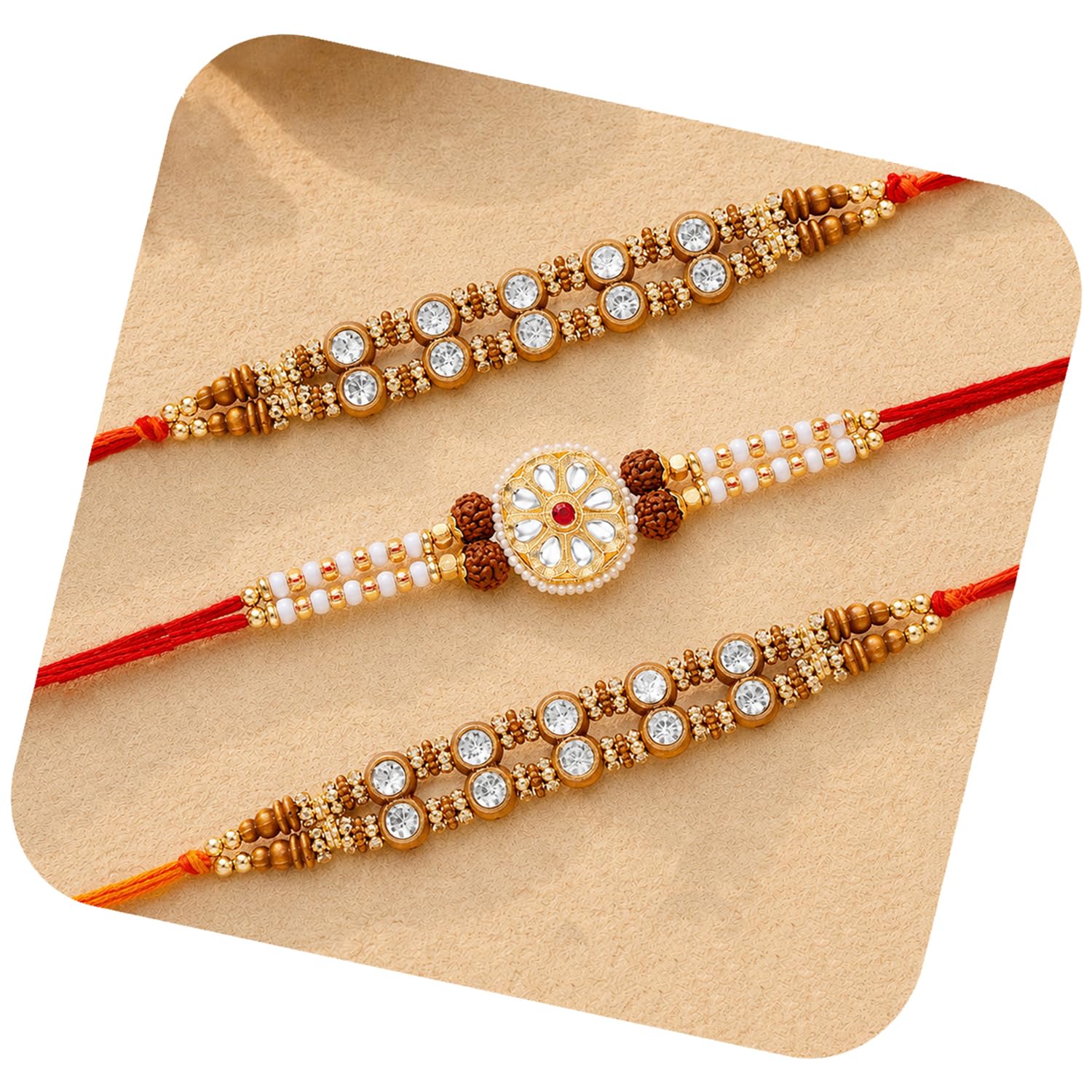 Rakhshabandhan Thread Rakhi for Brother Bhaiya | Crystals & Kundan Studded | Combo, Set of 3 | Rakhi Hamper with Roli Chawal & Greeting Card-image-25