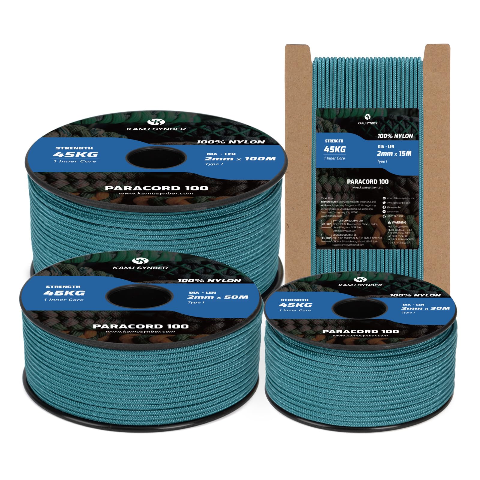 Kamu Synber 2mm Paracord 30M 100% Nylon Rope 1 Strand Type I Parachute Cord for Crafting, Outdoor, DIY, Camping | Support 45kg | Teal