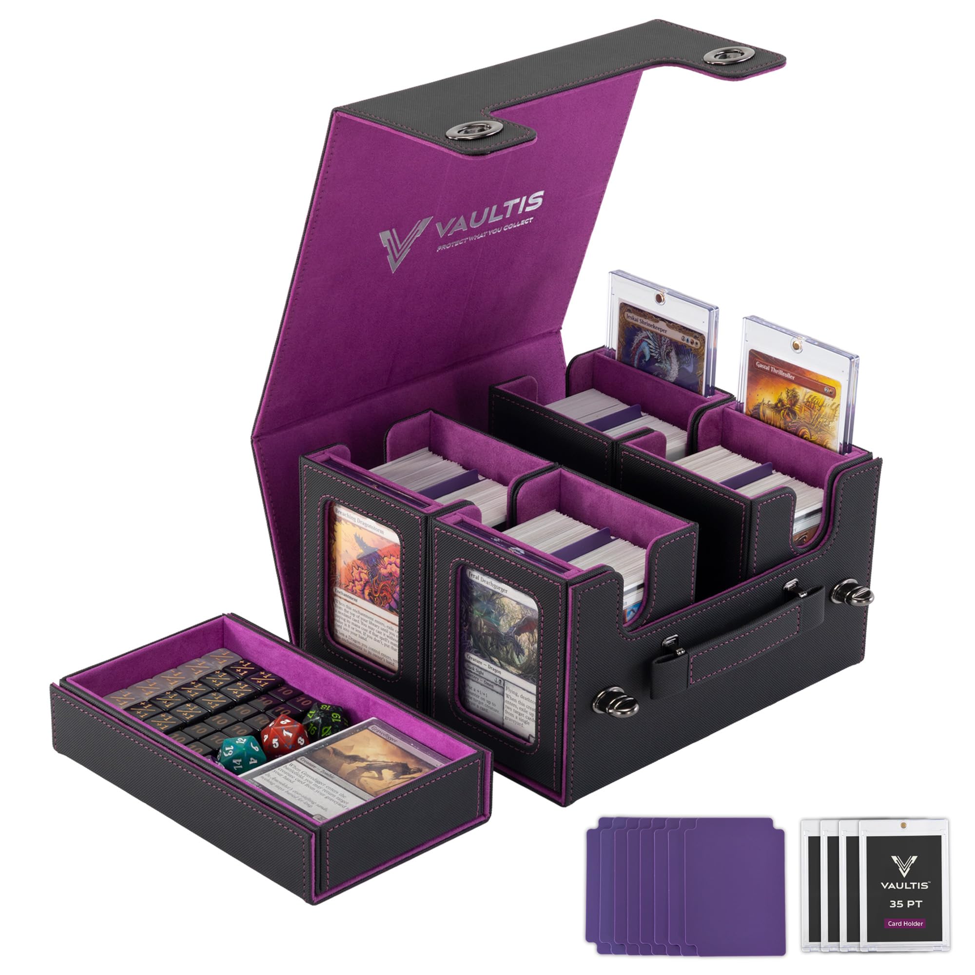 VAULTIS Commander Deck Box for MTG with Handle, Multi Deck Case with Large Dice Tray Fits 400+ Double-Sleeved Cards, 5 IN 1 TCG Card Storage Box with Commander Display, 35PT Card Holders (Purple)