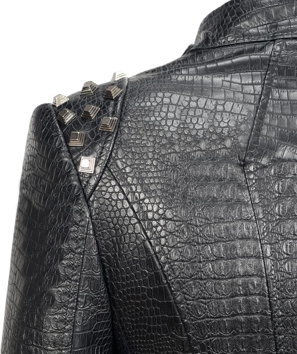 Fashion SX Women's Punk Studded Faux-alligator Print Pattern PU Leather Jackets Zipper Moto Biker Coat - Image 5