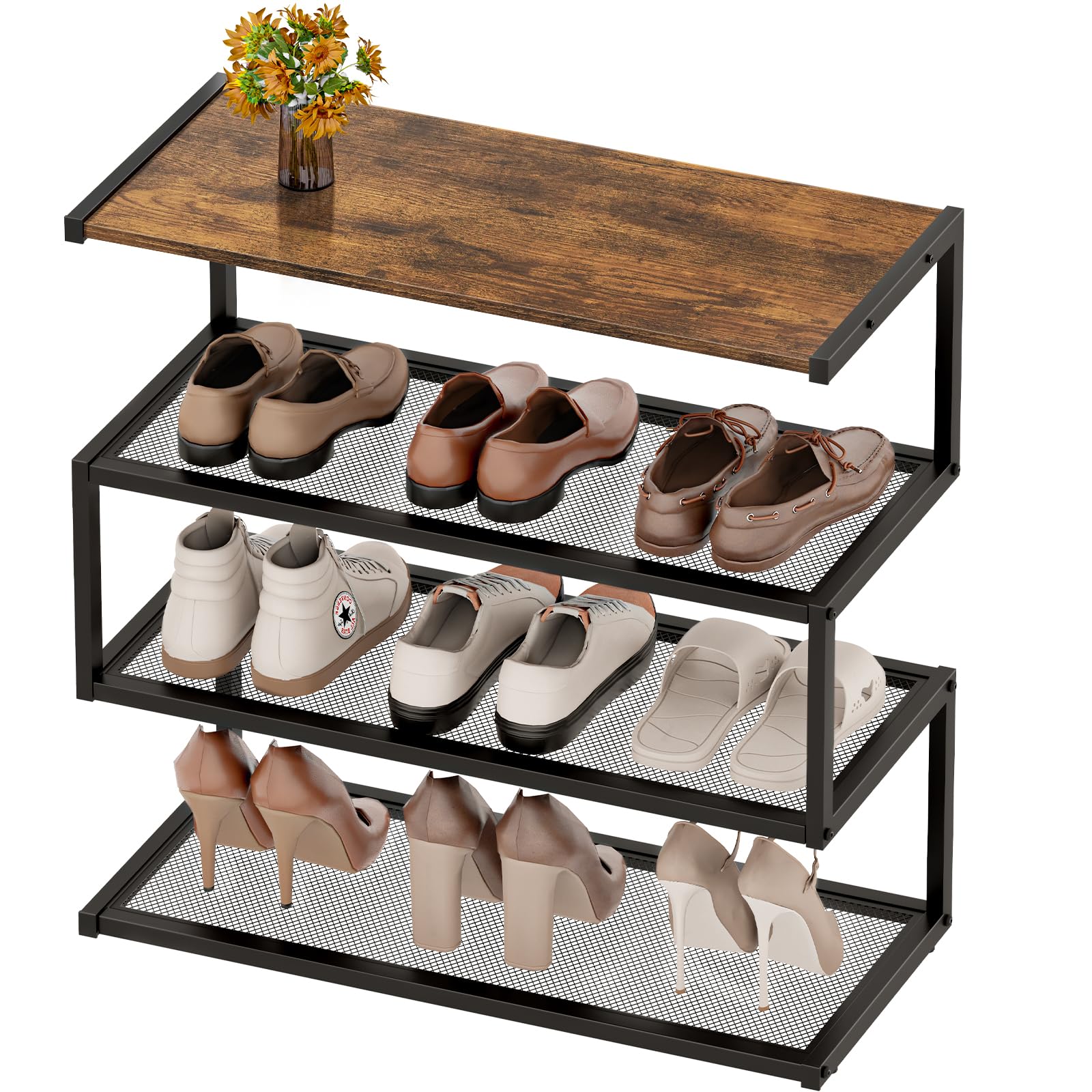 Aroktake Shoe Rack, Unique 5-Shaped Free Standing Shoe Shelf, 4-Tier Wooden Shoe Organizer with Wooden Top and Steel Frame for Front Door Entrance,