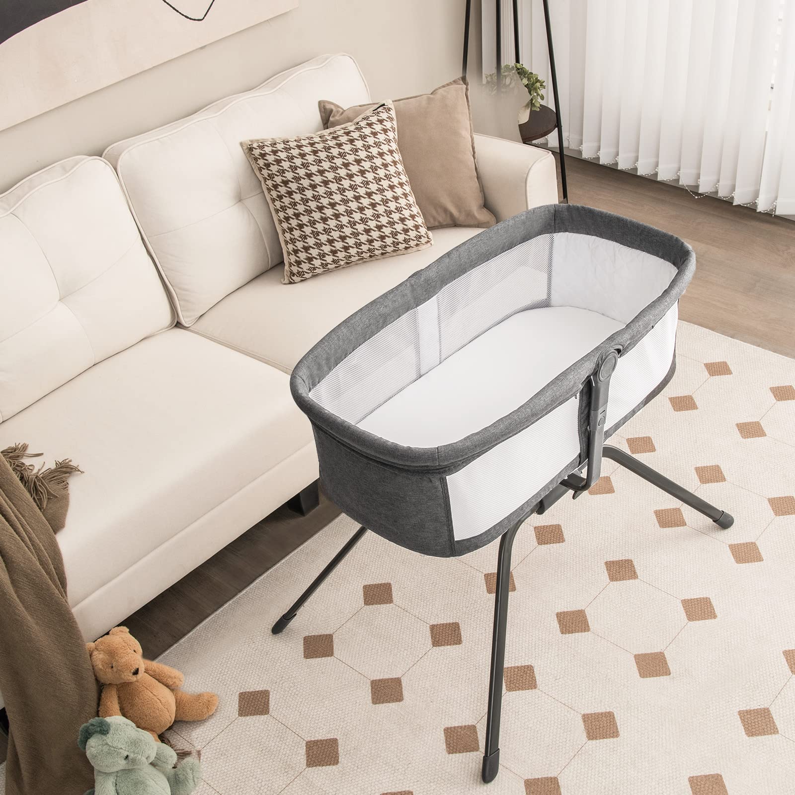 DREAMADE Berceau Cododo Bébé 92x63x74CM avec Matelas Lit Parapluie Bébé 0-6 Mois avec Angle Réglable,Filet de Ventilation Lit d’Appoint Nourrissons Charge 9 KG (Gris)