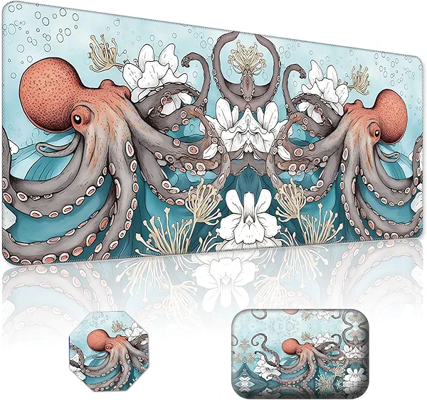 Large Gaming Mouse Pad + Wrist Cushion + Coaster, Black Non-Slip Rubber Base Ergonomic Wrist Cushion, Extended Mouse Mat Desk Pad for Work, Game, Office, Octopus Marine Life