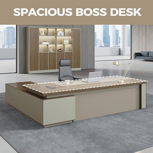 Miniatura 4 de Escritorio ejecutivo en forma de L con gabinetes reversibles, cajones con cerradura y caja de cables, escritorio de oficina moderno con escritorio