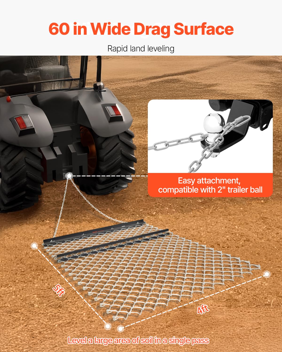 VEVOR Rastrillo de Arrastre de Acero Q235 Rastrillo de Cadena 121,9 x 152,4 cm Accesorios para Tractores UTV para Nivelar Paisajes Césped Rastrillo Duradero para Caminos de Grava, Granjas, Jardines