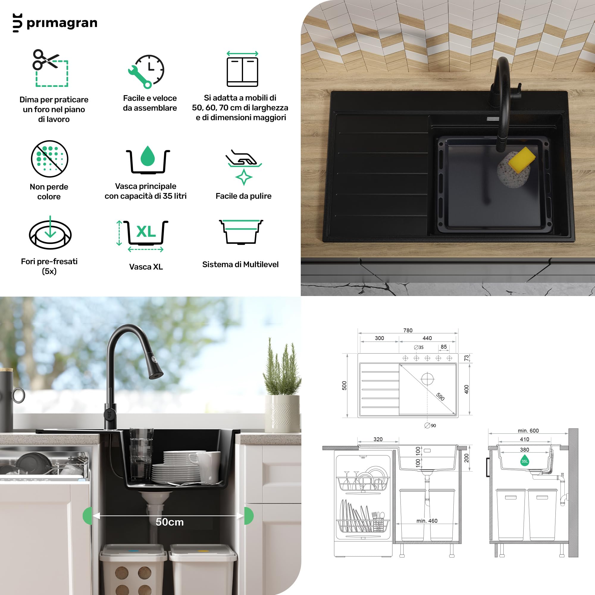 PRIMAGRAN Lavandino da Cucina Nero 78x50cm, Lavello in Granito a 1 vasca + Rubinetto 40x20cm + Set di accessori, Lavabo da Cucina Incasso al Mobile 50cm - Sydney Ergo S303