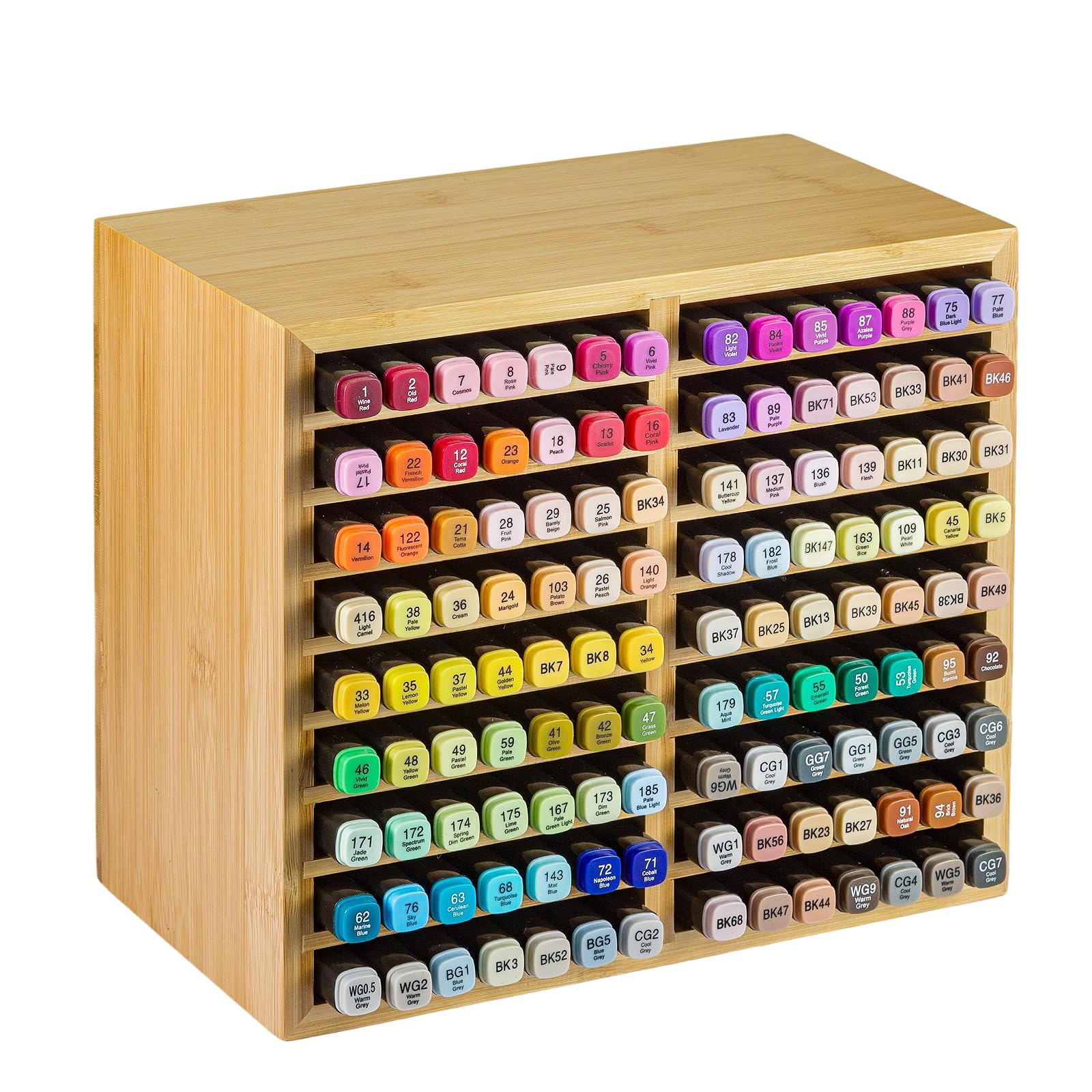 M.J COMFY-LIFE Bamboo Marker Organizer - 18 Compartment Desktop Storage Holds 126 Markers/Pens | Natural Wood Stationery Holder for Artists, Classroom & Office (126 Markers)