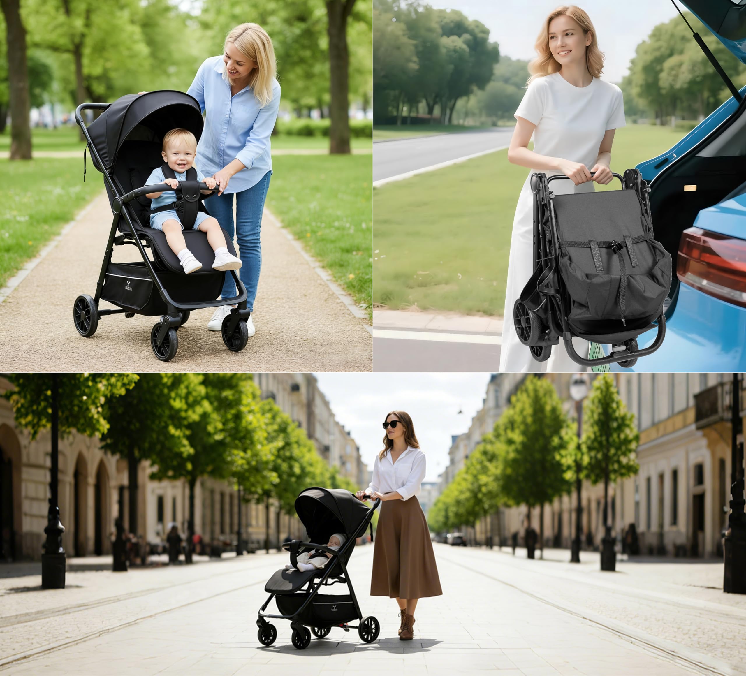 MoLi Ultraleggero Passeggino di Soli 4,6 kg, Carrozzina per Neonati Fino a 15 kg, Passeggino da Viaggio con Posizione Sdraiata Regolabile, Passeggino Compatto Portatile Pieghevole (A8 Black)