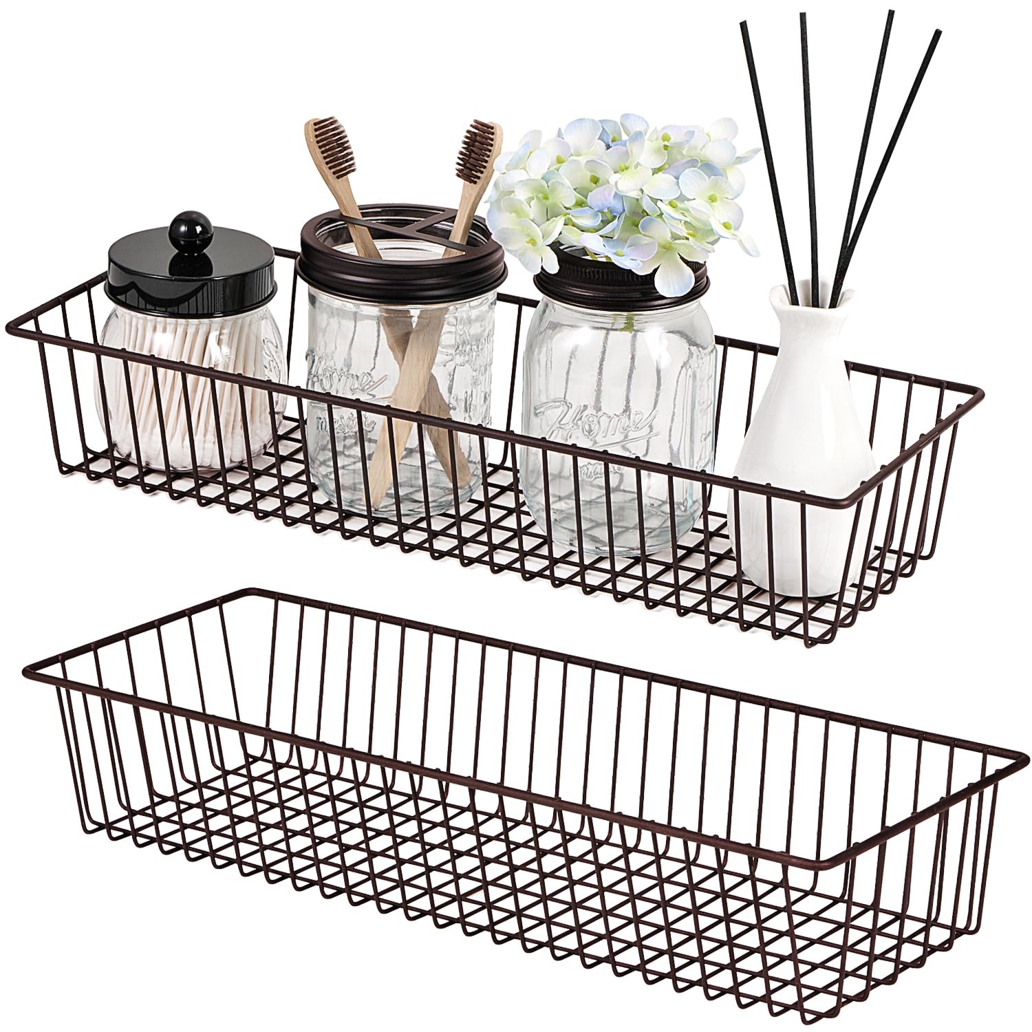 Farmhouse Decor Metal Wire Storage Organizer Bin Basket(2 Pack) - Rustic Toilet Paper Holder - Home Storage Organizer for Bathroom, kitchen cabinets,Pantry, Laundry Room, Closets, Garage (Bronze) - Image 2