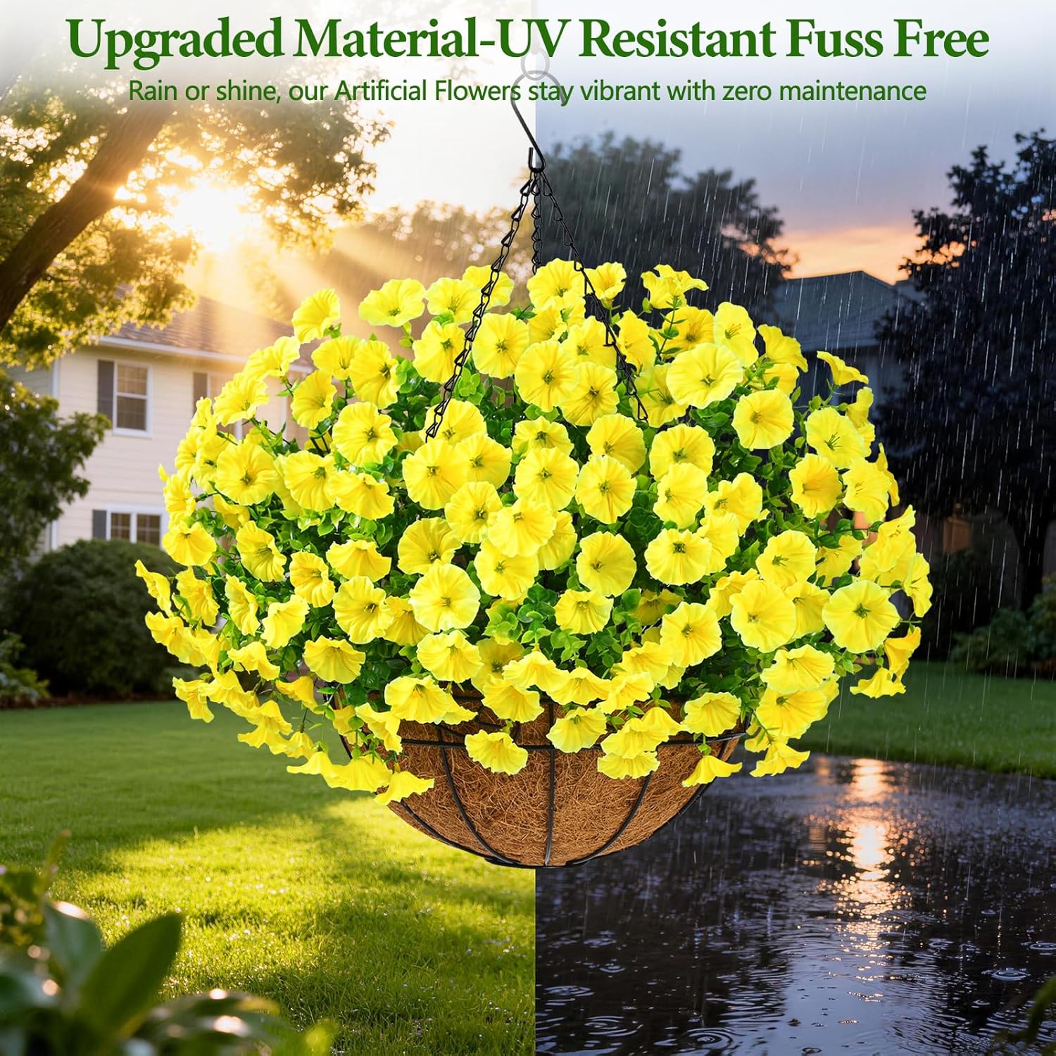 Yastouay Artificial Hanging Flowers for Outdoors, Fake Hanging Plants with Baskets, UV Resistant Hanging Flowers Fake Flowers for Outdoors Porch Patio Garden Spring Summer Decor(Yellow)